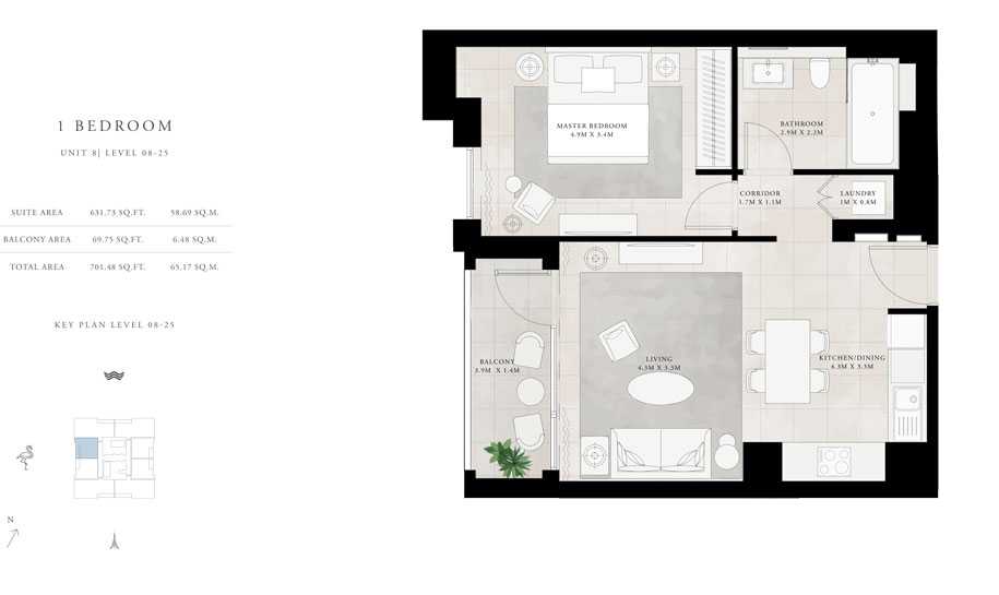 1-Bed, Unit-8, Level-8-25, Size-701.48-sq.ft